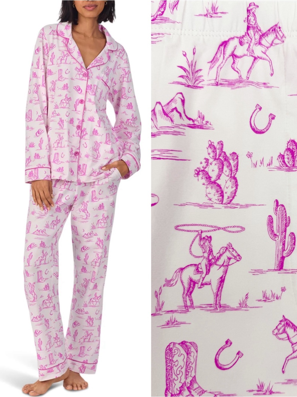 BedHead Pajamas X Anthropologie Long Sleeve Classic Jersey Set Cowgirl Toile